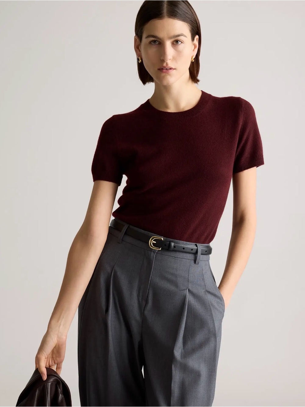Quince Short Sleeve Knit Top in Burgundy 100% cashmere